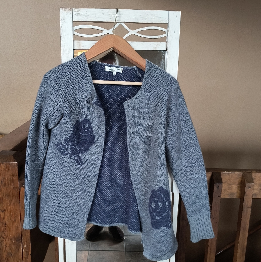 COCOGIO WOOL JACKET Made In Italy Sz. M Open Front Gray/Navy Rose Mohair